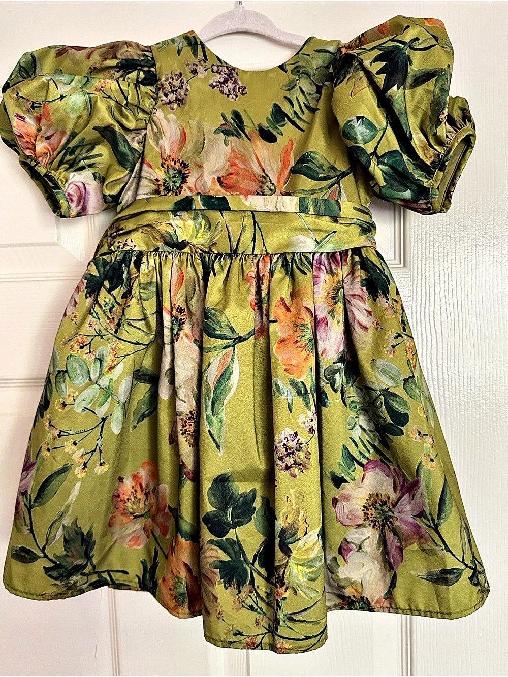 Next Green Floral Puff Sleeve Dress with Back Bow 2-3Y